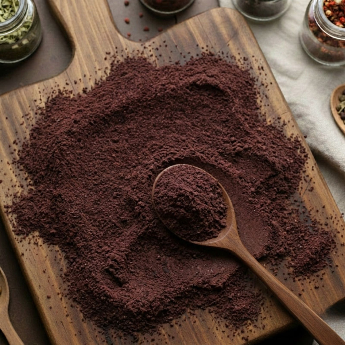 Pure fine Hibiscus flower powder (Hibiscus sabdariffa) for traditional botanical use and culinary recipes.