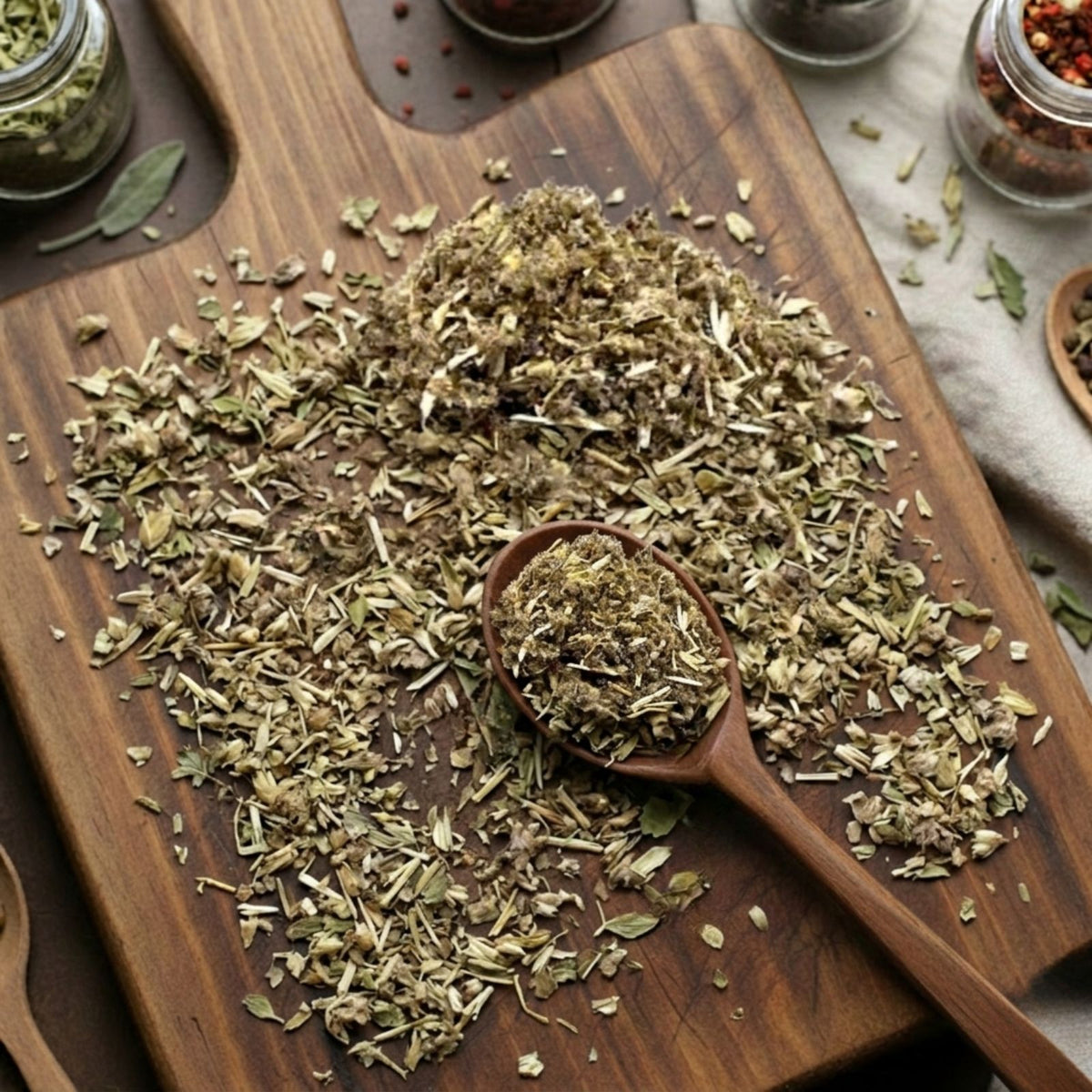 Dry cut and sifted Horehound herb (Marrubium vulgare) for traditional botanical infusions and syrup making.