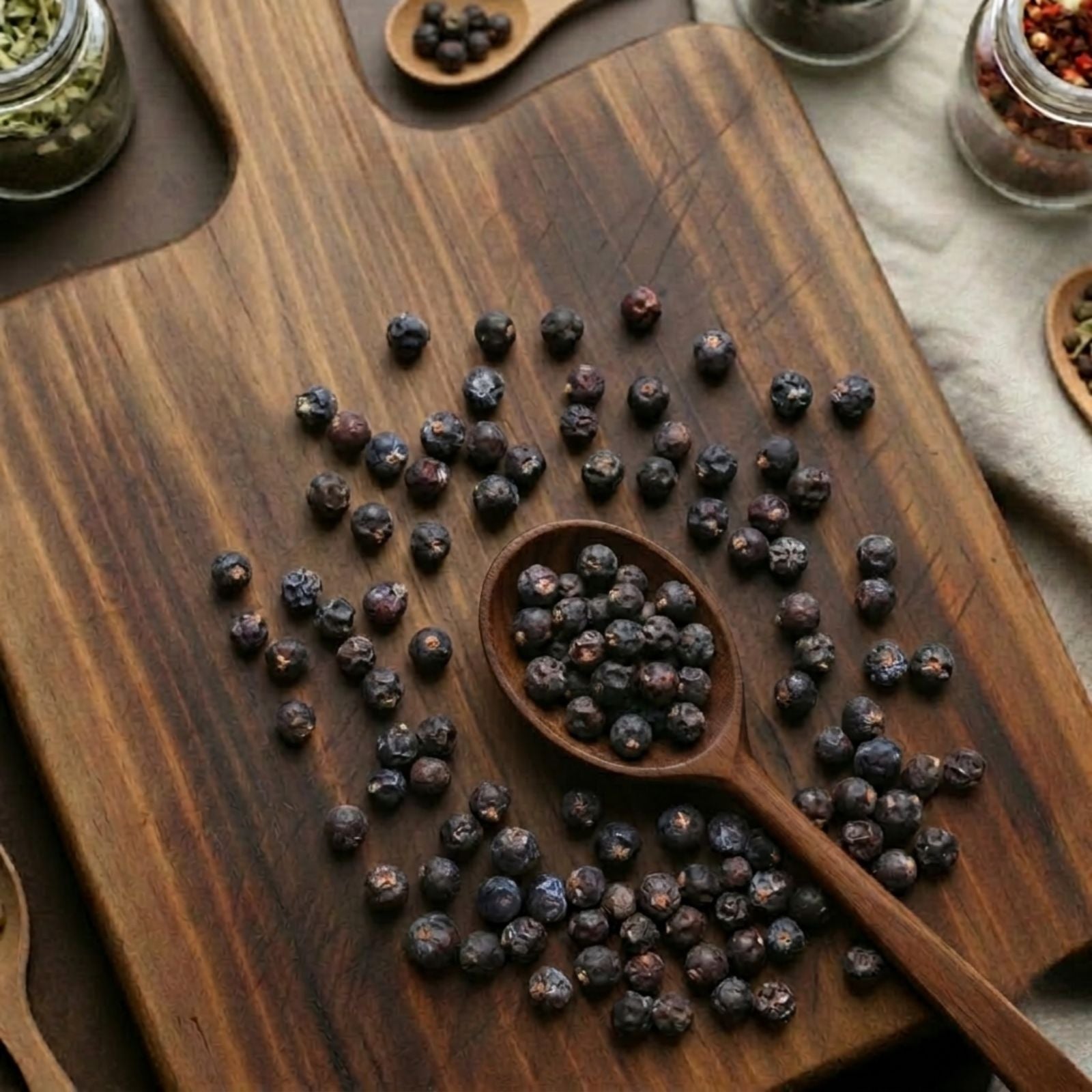 Whole dry Juniper berries (Juniperus communis) for traditional culinary use and botanical infusions.