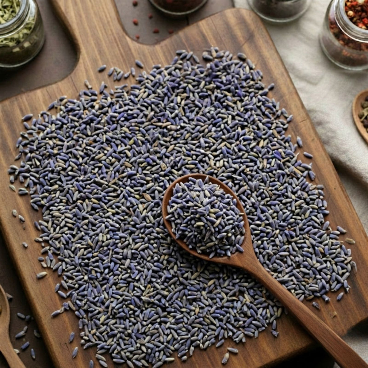 Deep violet-blue dried Lavender buds (Lavandula angustifolia) for traditional botanical infusions and culinary use.