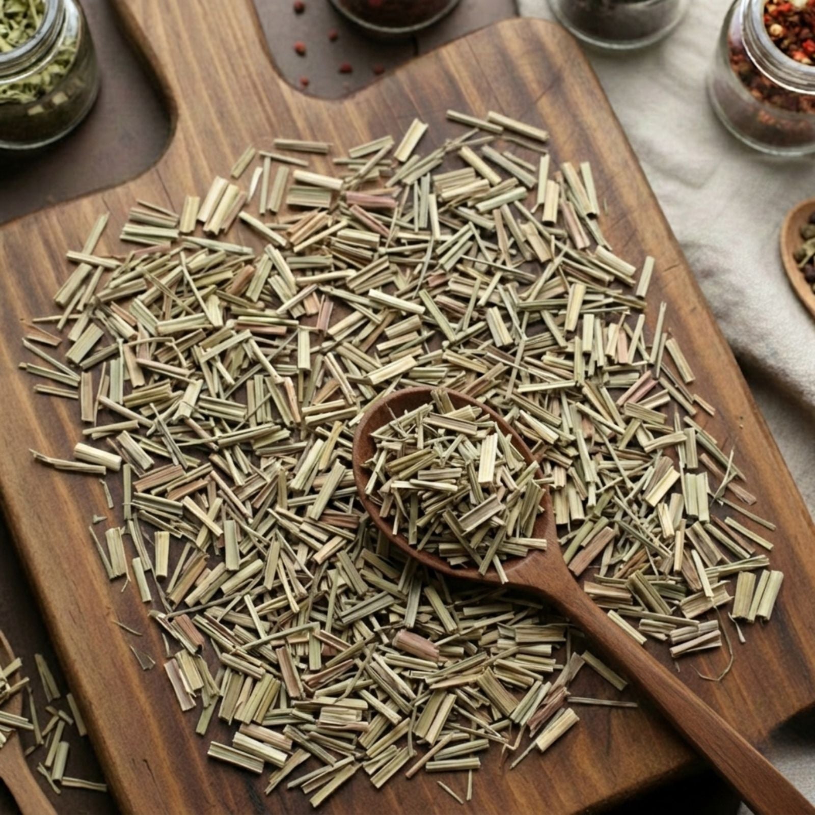 Dried cut and sifted Lemongrass (Cymbopogon citratus) for traditional Thai tea and aromatic botanical infusions.