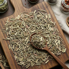 Dried cut and sifted Lemongrass (Cymbopogon citratus) for traditional Thai tea and aromatic botanical infusions.