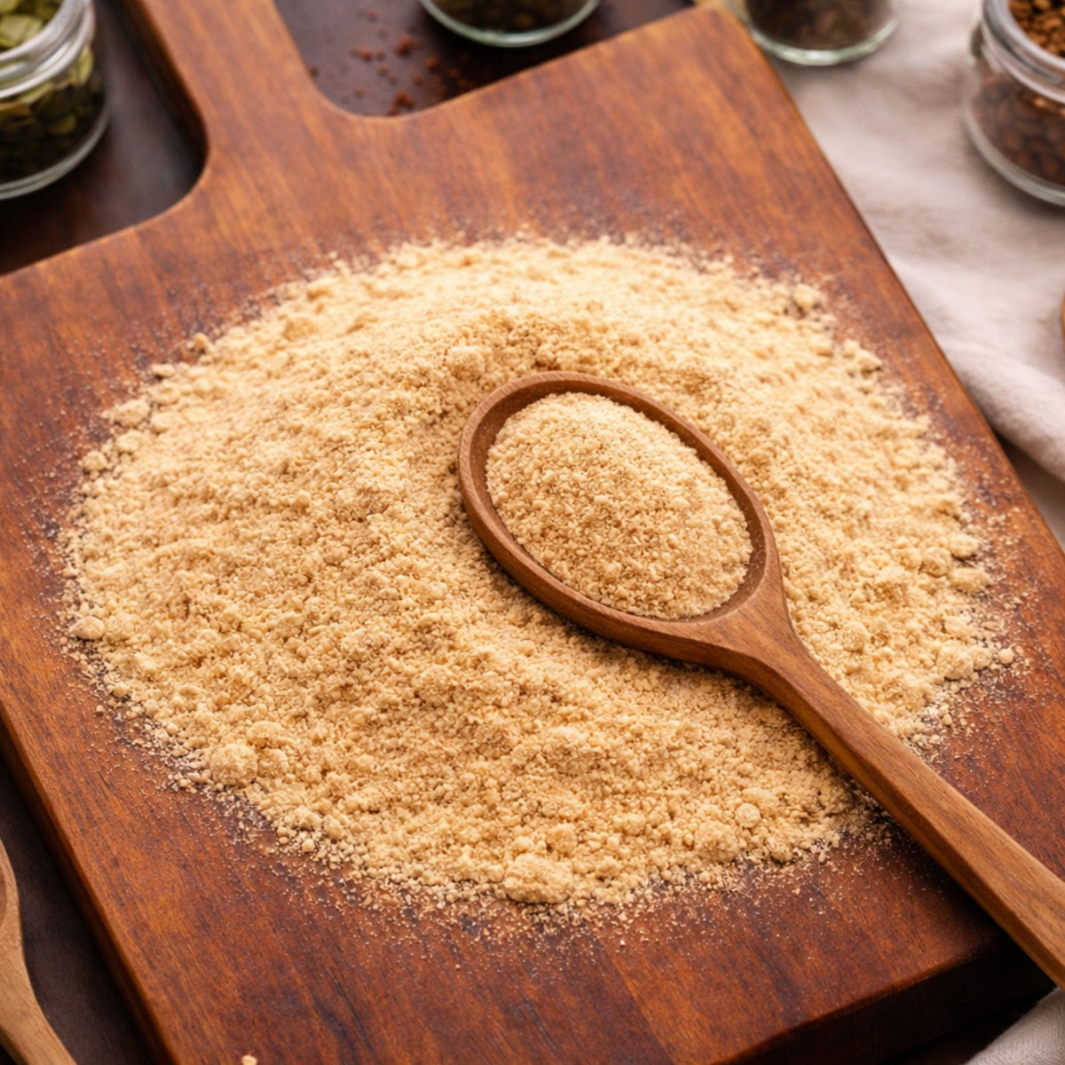 Fine cream-colored Maca Powder (Lepidium meyenii) on a wooden surface with a wooden spoon and herb jars in the background - CanadaVitaLife