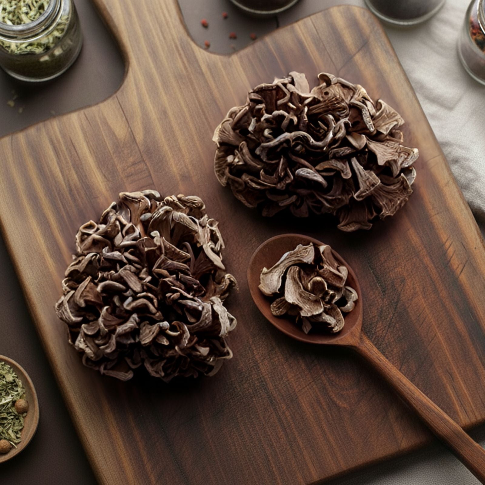 Whole dried Maitake mushrooms showing characteristic fan-shaped caps and earthy texture for culinary use - Canadavitalife.