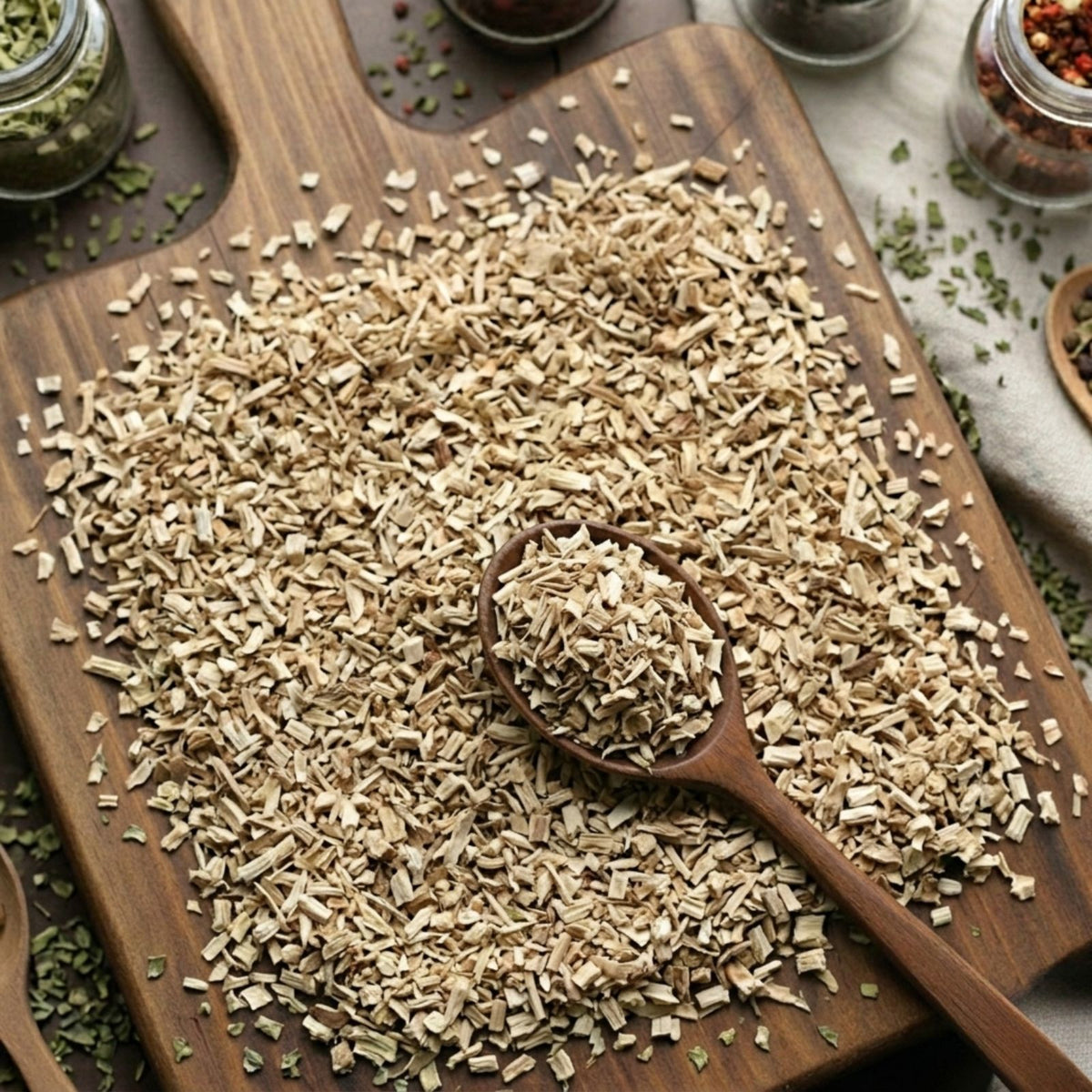 Dry cut and sifted Marshmallow root (Althaea officinalis) for traditional botanical infusions.