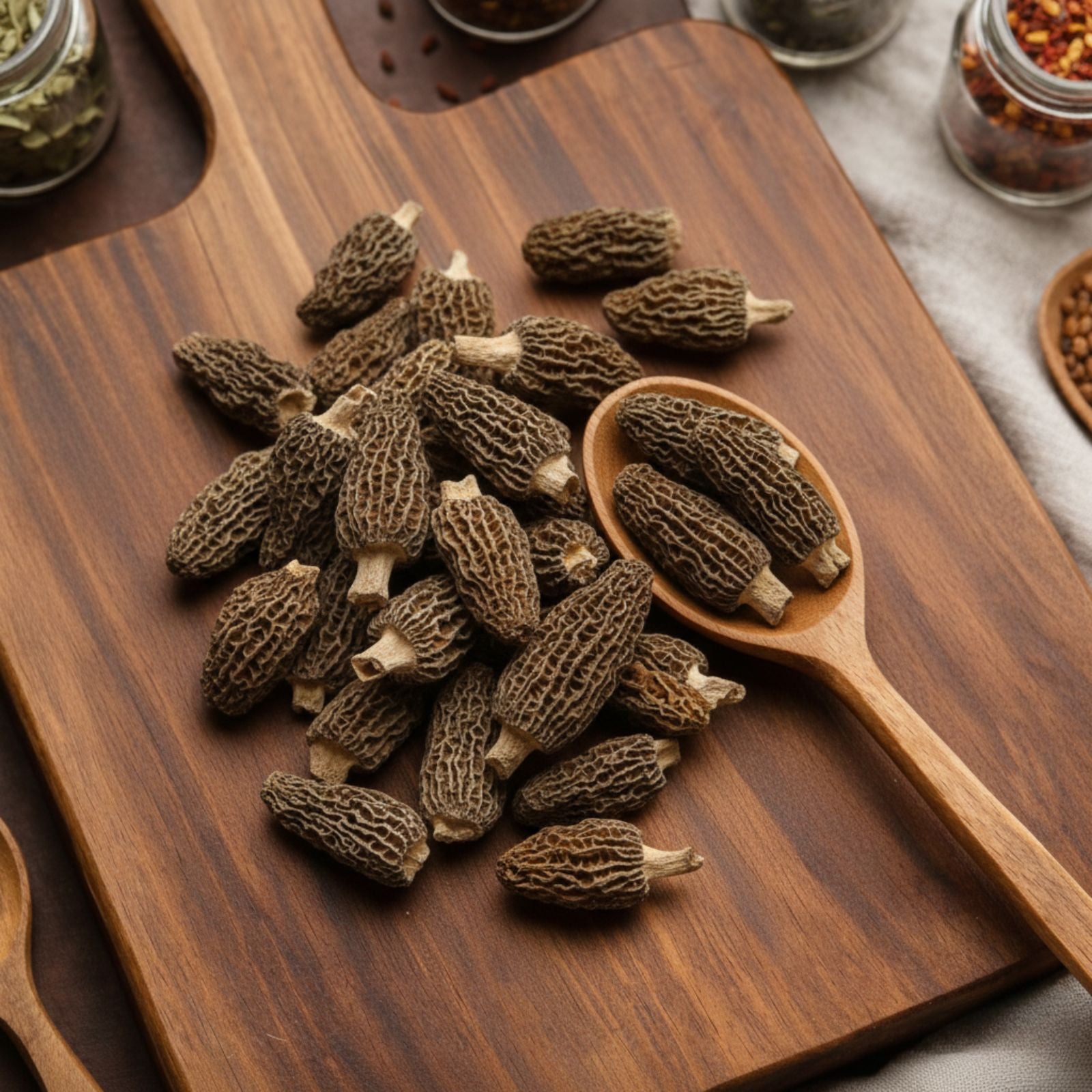 Whole dried Morel mushrooms (Morchella esculenta) for gourmet culinary use.