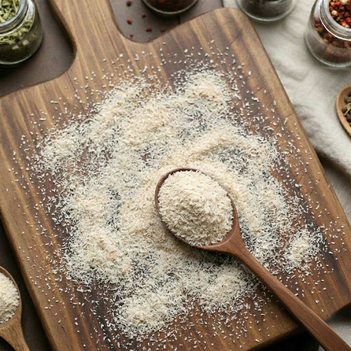 Pure Psyllium husk powder (Plantago ovata) for traditional botanical and culinary use.