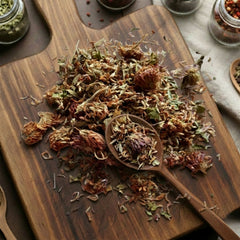 Dry whole Red Clover blossoms (Trifolium pratense) for traditional botanical infusions.