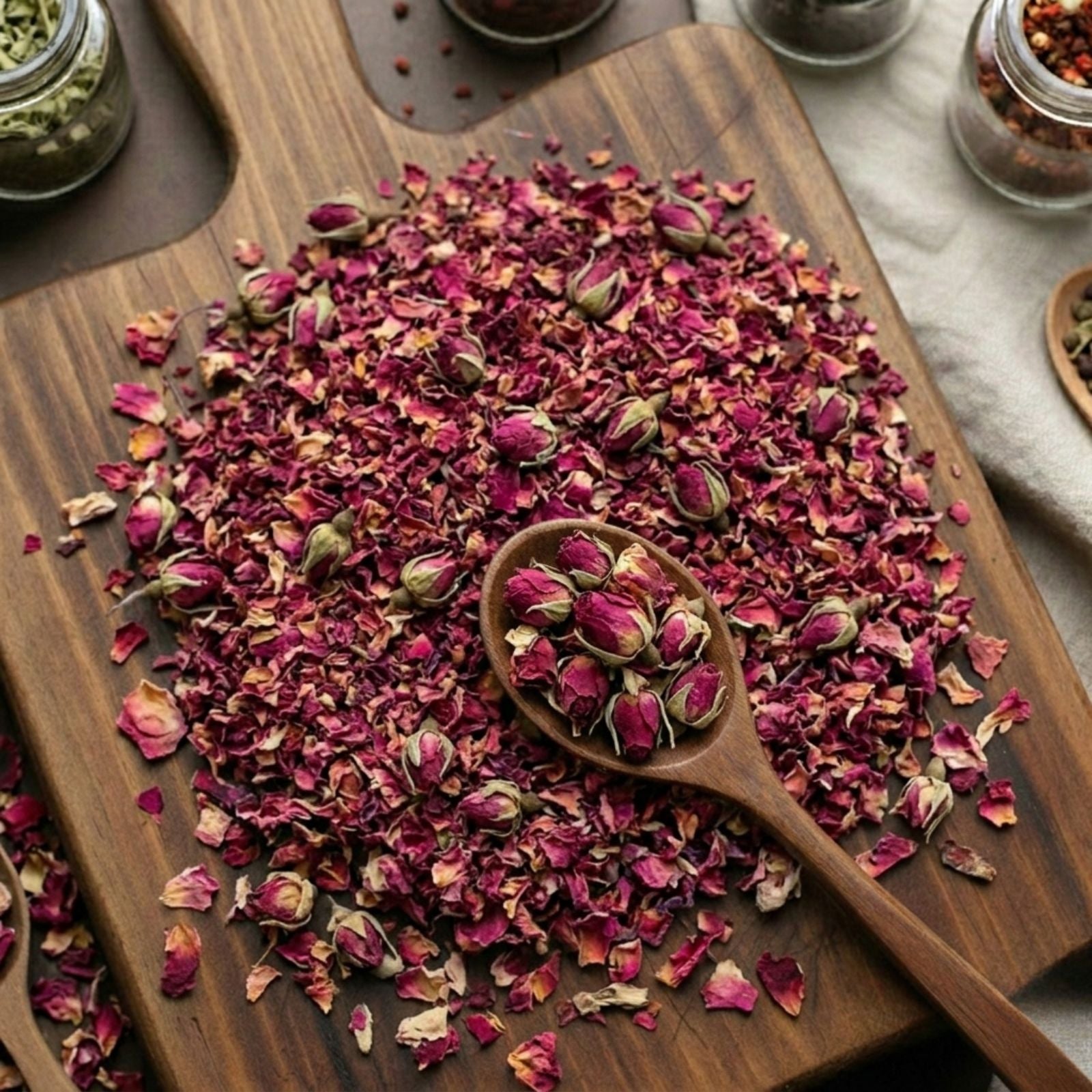 red rose buds and petals for traditional floral tea and botanical culinary infusions.
