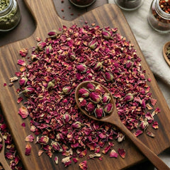 red rose buds and petals for traditional floral tea and botanical culinary infusions.