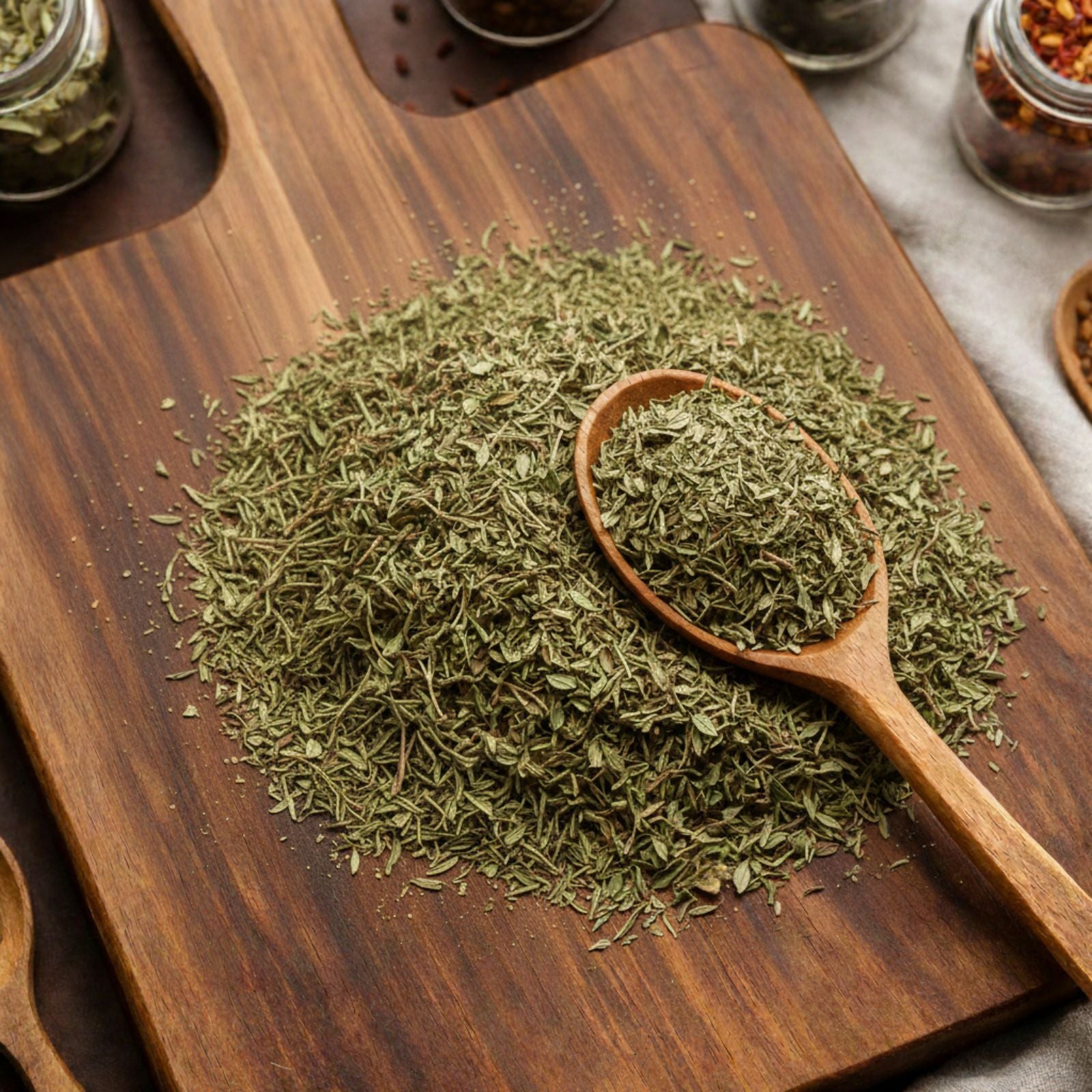 Dry cut and sifted thyme leaves (Thymus vulgaris) for botanical and savory use.