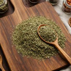 Dry cut and sifted thyme leaves (Thymus vulgaris) for botanical and savory use.